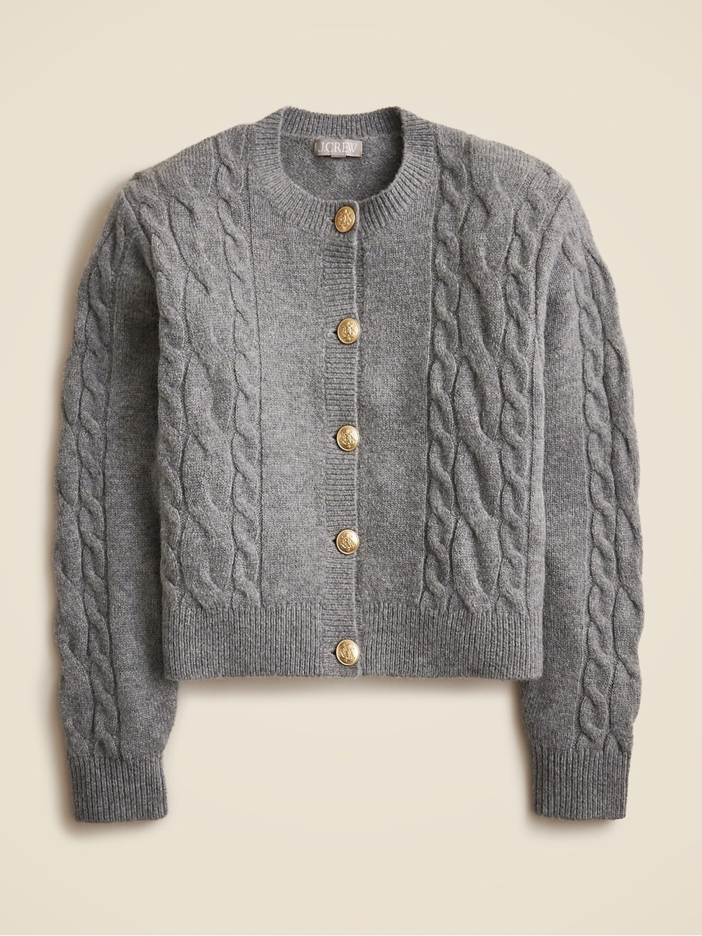 J. Crew Gray Cable-Front Gold-Button Cardigan